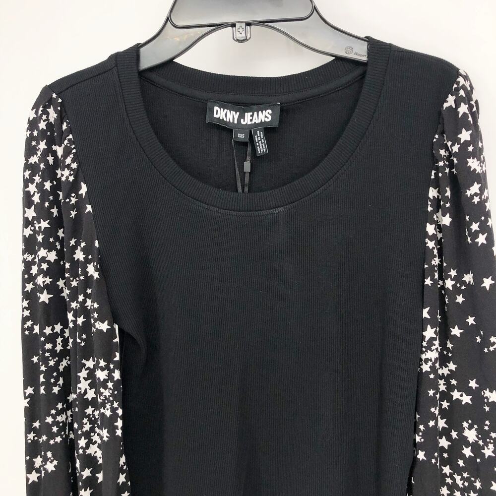 DKNY Womens Star Print Blouse Top XXS Black Ribbed Long Sleeve Career NWT - Picture 4 of 11